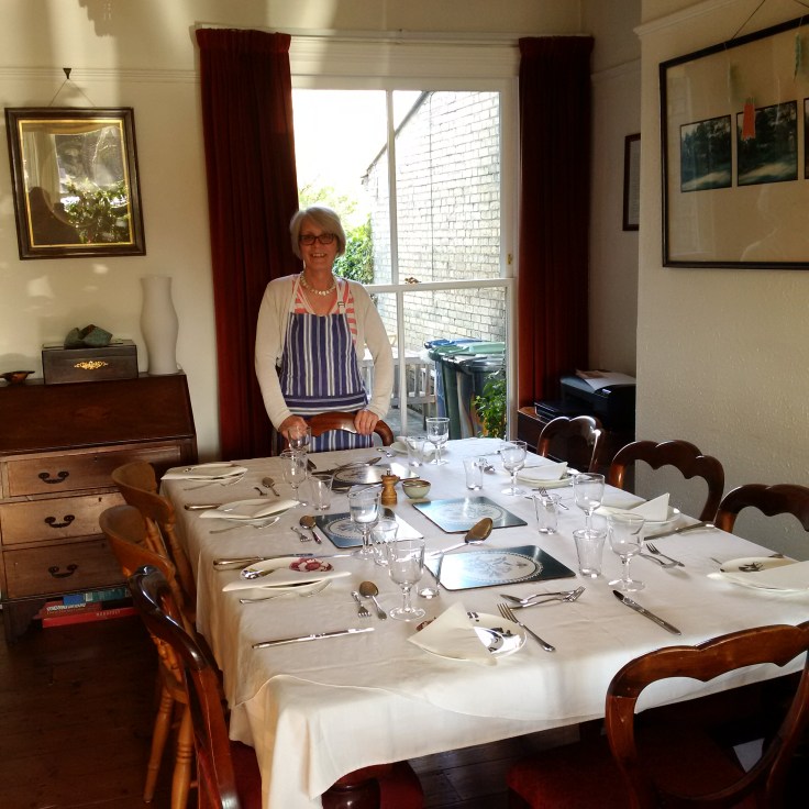 My landlady Sarah at her Australian Theme dinner table, to which I have been invited!